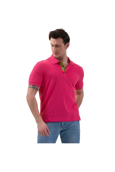 Exve Exclusive Tricou slim, din bumbac, cu guler roz, verde, cu mâneci și gât polo, cu detaliu