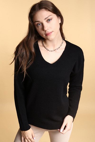 Devinka Pulover de damă, negru, cu decolteu în V, cu textura moale