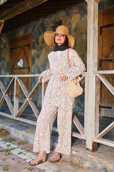 Moda Lippa Ethnic Patterned Brown Sile Cloth Kimono and Trousers Set