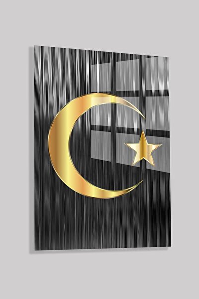 TAULART Tablou din sticlă nerezistentă cu steagul turcesc Gold Moon Star, cad...