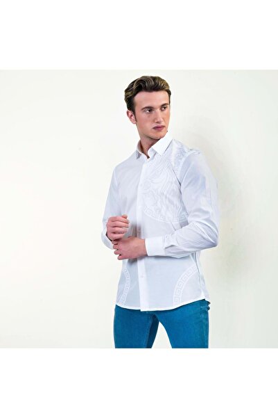 Exve Exclusive Cămașă slim cu mânecă lungă pentru bărbați, cu model alb de leu și căi navigabile imprimate pe alb