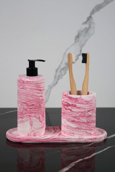 betonmall Set de baie din beton cu model de marmură, 3 bucăți, dozator de săpun lichid, suport pentru periuță de dinți, tavă de prezentare