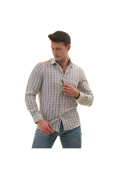 Exve Exclusive Cămașă pentru bărbați cu mânecă lungă, cu mânecă lungă, cu carouri, albastru, negru, pe alb