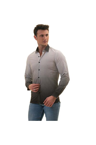 Exve Exclusive Біла чорна градієнтна ефектна крапчаста друкована картонна коробка Slim Fit довга рукава чоловіча сорочка