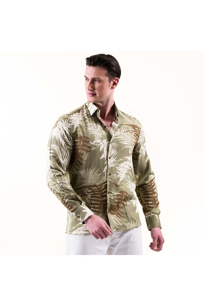 Exve Exclusive Χακί Πράσινο Μπεζ Καφέ Φύση με θέμα Slim Fit Καλοκαιρινό βαμβακερό πουκάμισο που αναπνέει