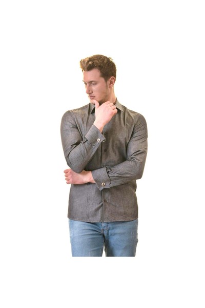 Exve Exclusive Gray Plain Oxford Classic French Double Cuff Sleeve Buttoned Shirt
