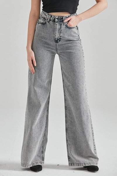 Livik İron Füme Kadın Yüksek Bel Bol Paça Denim Kot Pantolon- Palazzo Model