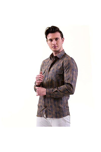 Exve Exclusive Гірчично-синя баклава з візерунком, вовняна зимова сорочка з кишенями, західний крій, облягаючий силует