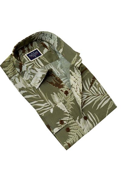 Exve Exclusive Χακί Πράσινο Μπεζ Καφέ Φύση με θέμα Slim Fit Καλοκαιρινό βαμβακερό πουκάμισο που αναπνέει