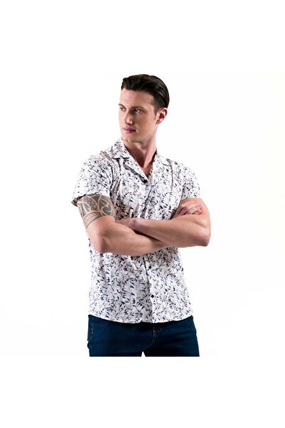 Exve Exclusive Cămașă de vară cu mânecă scurtă, cu guler croșetat hawaian din bumbac cu imprimeu floral, albastru bleumarin, pe alb