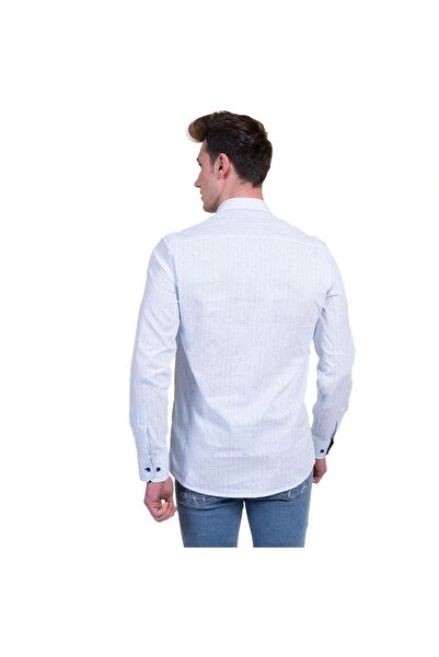 Exve Exclusive Синьо-біла смугаста комір детально оброблена натуральна лляна сорочка Slim Fit для чоловіків