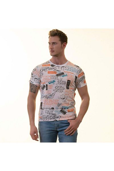 Exve Exclusive White Orange Black World Travel Themed Crew Neck Men's T-Shirt Cotton Combed Cotton T-shirt