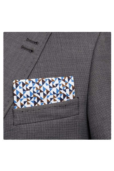 Exve Exclusive Alb peste maro Albastru Triunghi Pliat Gata de Utilizare Buzunar Guler Blazer Batista
