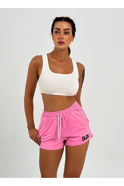 Maison La Femme Pantaloni scurti roz brodați cu talie elastică de damă