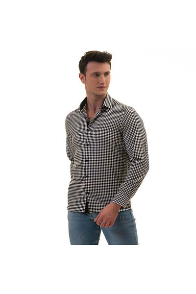 Exve Exclusive Ασπρόμαυρο Gingham Cardboard Boxed Slim Fit Μακρυμάνικο Ανδρικό Πουκάμισο