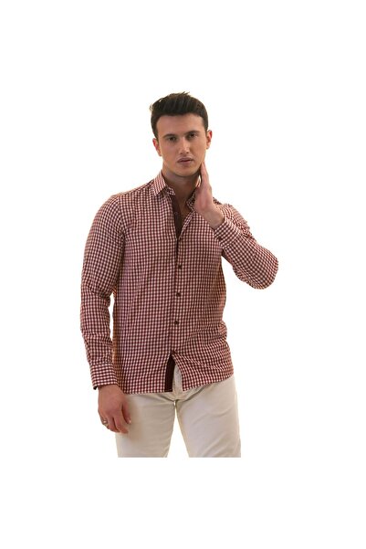 Exve Exclusive Ανδρικό μακρυμάνικο πουκάμισο σε κουτί από χαρτόνι σε μπορντό και λευκό Gingham