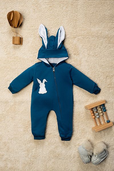 Mai Perla Rabbit Embroidered Pompom Zippered Baby Jumpsuit - Eared