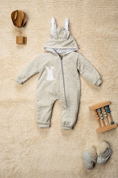 Mai Perla Rabbit Embroidered Pompom Zippered Baby Jumpsuit - Eared
