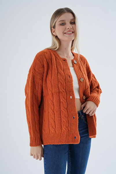 Trist Star Kadın Turuncu Oversize Bisiklet Yaka Düğmeli Saç Örgülü Yün Karışımlı Triko Örme Hırka TRIST-6166