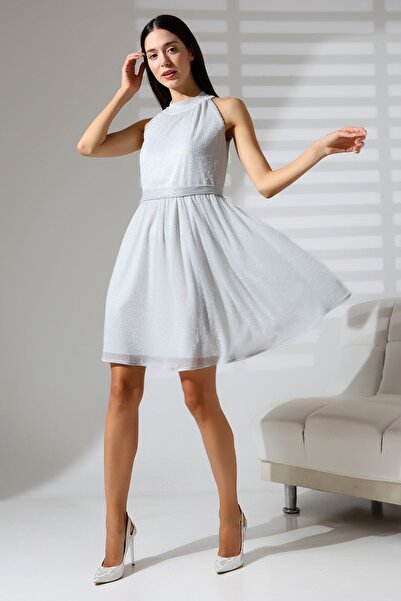 Mois Atelier Gri Simli Kemer Detaylı Halter Yaka Pliseli Mini Abiye Nikah Elb...