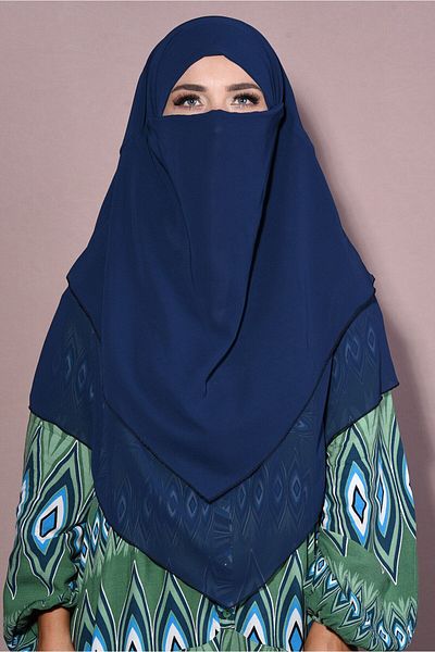 Tek Tesettür Giyim Chiffon Souffle Khimar Medium Size Hijab Navy Blue - Navy