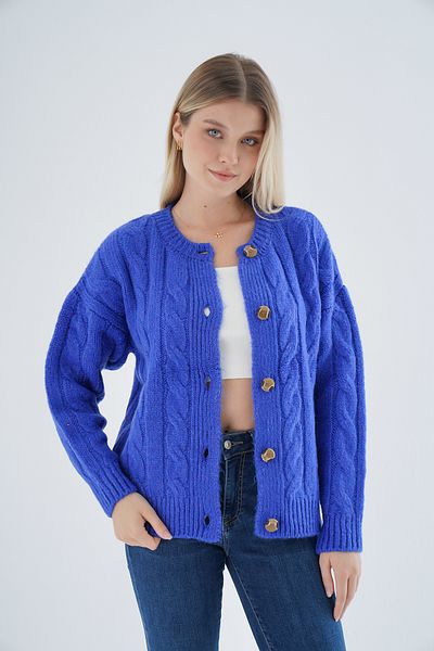 Trist Star Cardigan de tricotaj supradimensionat colorat Saks pentru femei - decolteu, nasturi și păr împletit din lână TRIST-6166