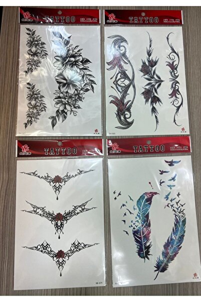Airbrush Tattoo Büyük Boy Yapıştırma Dövme Geçici Dövme Seti 4 Adet Birden Mo...