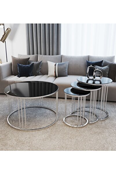 Nies Aksesuar Elzey 4'lü Zigon Ve Orta Sehpa Gümüş Ayak Siyah Kırılmaz Cam