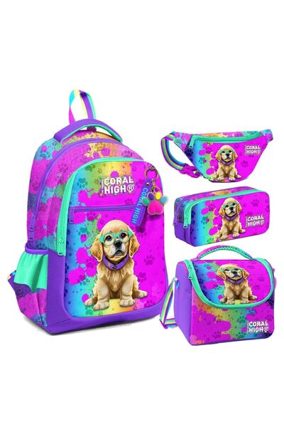 Coral High Set de prânz școlar cu model de câine violet și roz pentru fete - Suport pentru stilouri și geantă de talie