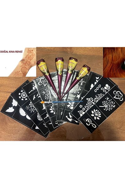 Airbrush Tattoo Doğal Kına Rengi Jumbo boy 50 Gram 4 Koni Kına ve 10 Sayfa Şa...