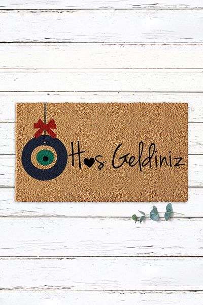 Paspas Yap Welcome Written Koko Mat with Evil Eye Beads Door Mat Door Mat PVC Base