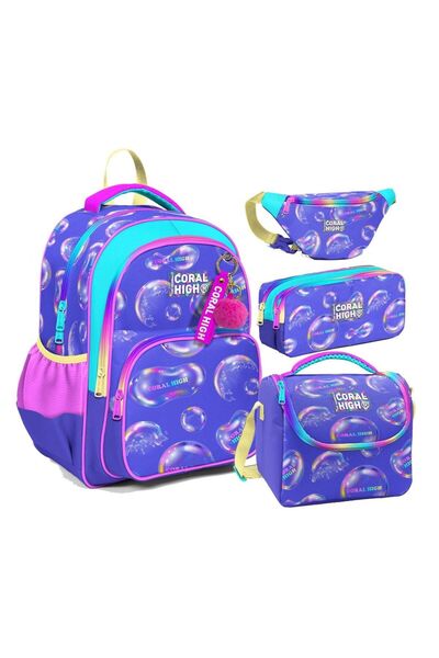 Coral High Geantă de școală pentru fete roz lavandă - model cu bule, set de patru, școală primară și gimnaziu