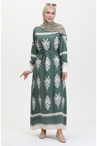 sefamerve Green Viscose Dress - Patterned and Belted 0443-04