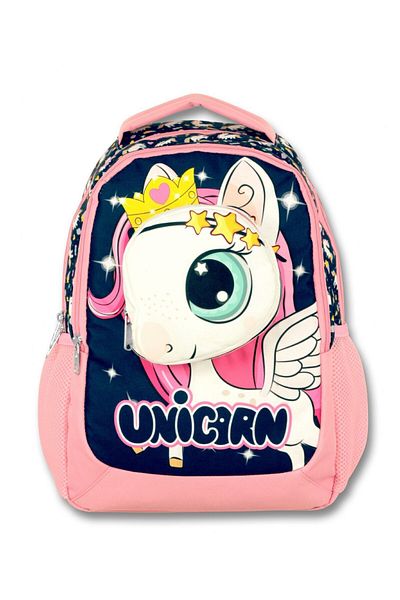ÜMİT ÇANTA Cennec 3D Unicorn - Girl's Navy Blue-Pink Triple Primary School Bag Set