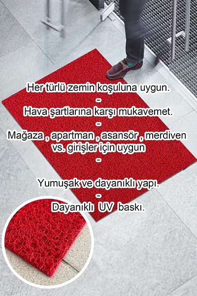 Paspas Yap Red Curly Mat - Welcome Written, Water Absorbent and Non-Slip, Workplace and Apartment Entrance Mat