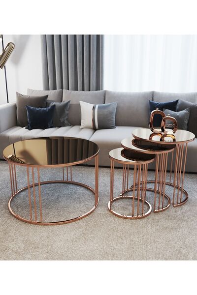 Nies Aksesuar Elzey 4’lü Zigon Ve Orta Sehpa Bronz Ayak Bronz Ayna