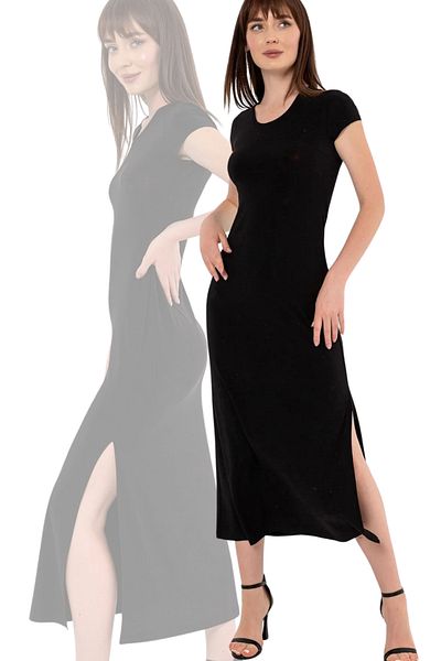 Laranor Elegant Black Dress with Crew Neck Slit - Day and Night
