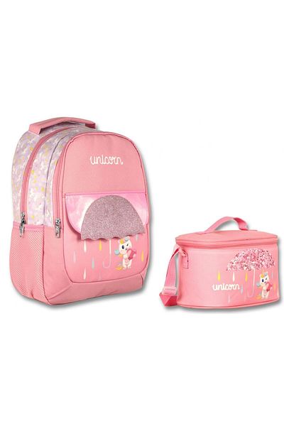 ÜMİT ÇANTA Pink Glitter Cennec Girl's Primary School Backpack and Lunchbox Set