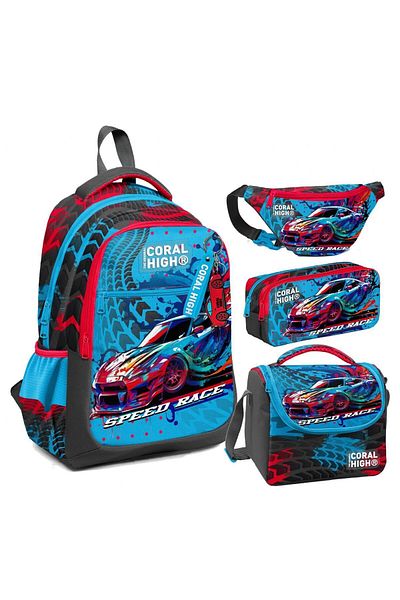 Coral High Set de suport pentru creion și geantă pentru prânz pentru școală cu model de mașină de curse gri și albastru pentru băiat - İ