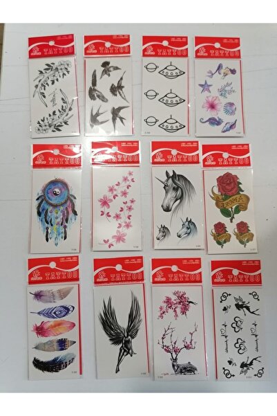 Airbrush Tattoo Kuş 12 Adet Birden Yapıştırma Geçici Dövme Yapma Seti