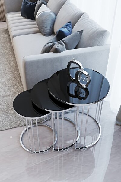 Nies Aksesuar Elzey 3'lü Zigon Sehpa Siyah Cam Gümüş Ayak