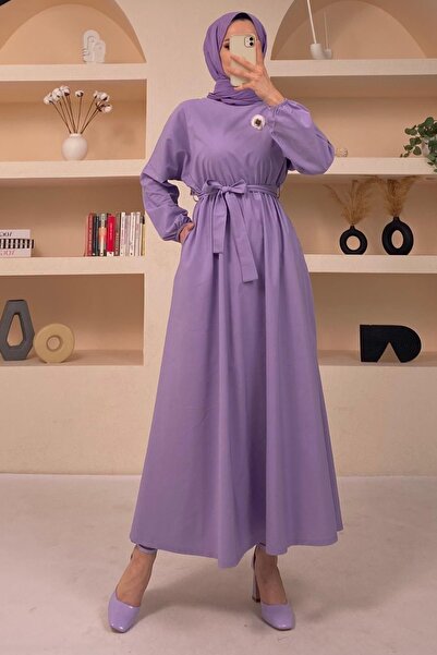 Basicpark Woven Lilac Dress with Orange Brooch and Pockets