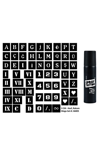 Airbrush Tattoo Mega Spray Tattoo Geçici Dövme Yapma Seti Harf, Roma Rakamı ve Sayı