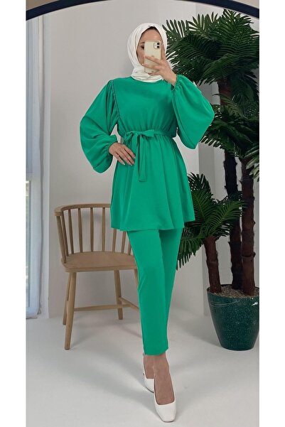 Basicpark Aden Shoulder Stoned Belted Blouse Trousers Green Suit