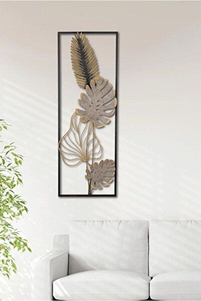 MOS'EV Metal Yaprak Siyah Gri Gold Ofis Ev Duvar Süsü 32x90cm