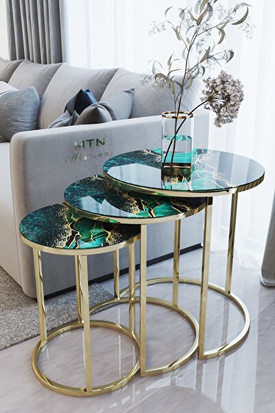 Nies Aksesuar Armoni 3'lü Zigon Sehpa Gold Kaplamalı Temperli Cam