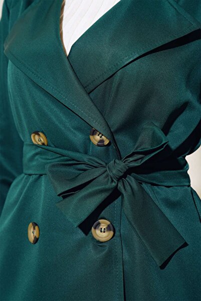 Bigdart T5853 Kruvaze Yaka Tesettür Trençkot - Zümrüt Yeşili