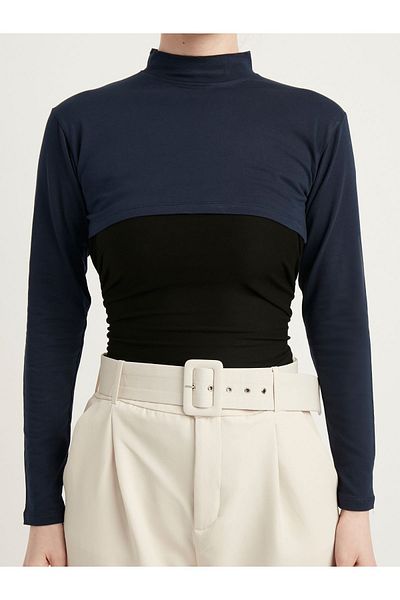Schaless Navy Blue Turtleneck Long Sleeve Cotton Bodysuit