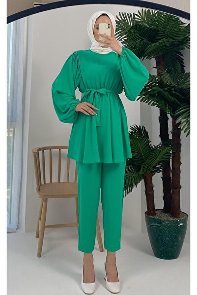 Basicpark Aden Shoulder Stoned Belted Blouse Trousers Green Suit