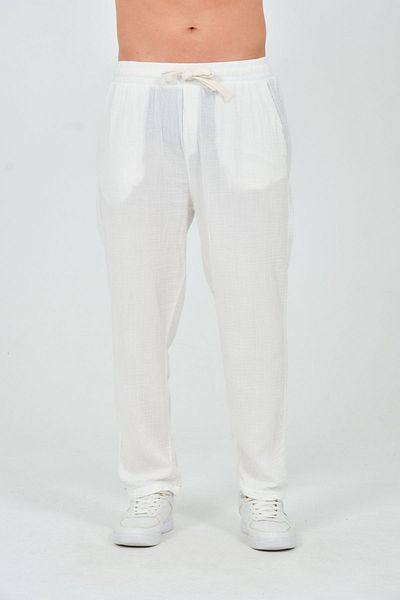 RELAXL Ecru Muslin Pants - 100% Cotton, Relaxed Fit, Elastic Waist Summer Trousers